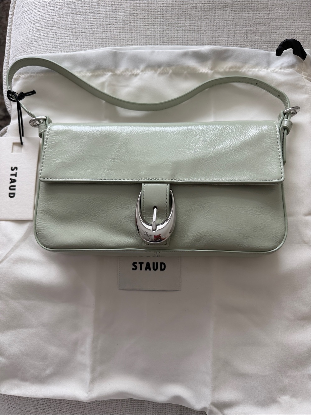 STAUD Harlow Pale Mint Leather Shoulder Bag with Silver Buckle